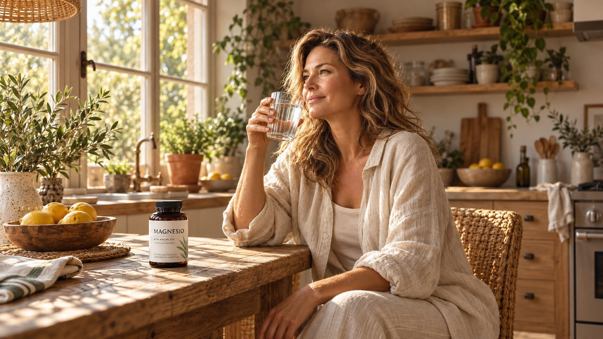 Mujer de mediana edad tomando magnesio para mejorar los cólicos menstruales