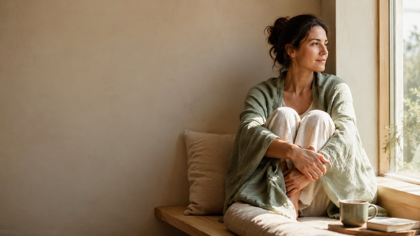Mujer descansando con una taza caliente, autocuidado del ciclo menstrual según los placeres de Epicuro